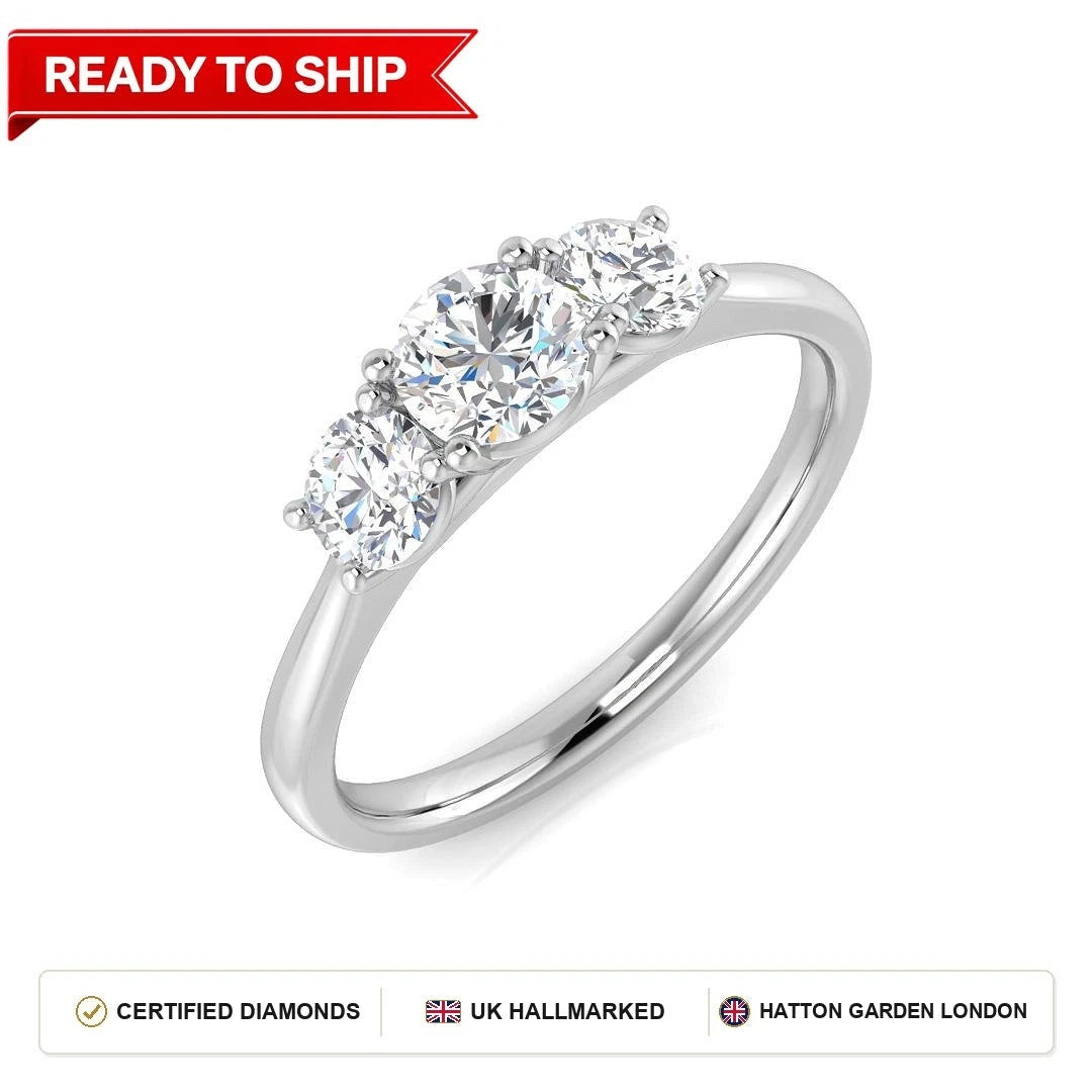 Diamond 3 Stone Wedding Ring 9k White Gold Ready 0.80Carat D-E/VS Lab Grown